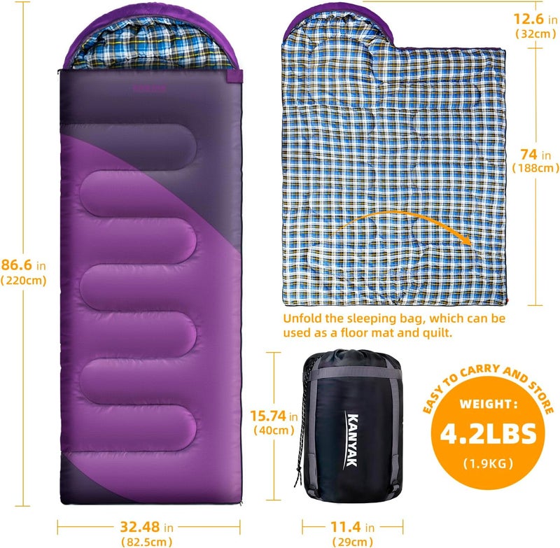 Kanyak Camping Sleeping Bag, 32℉ Sleeping Bags for Adults Kids Teens Cold Weather Warm Sleeping Bag Winter for 3-4 Season Camping, Camping Gear Equipment, Traveling, and Outdoors - Image 2
